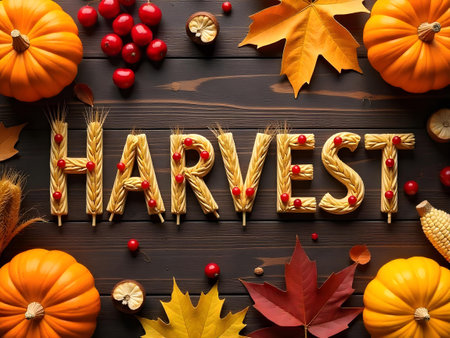 AI generated a word that says harvest. The image features pumpkin, dessert table, harvest.の素材