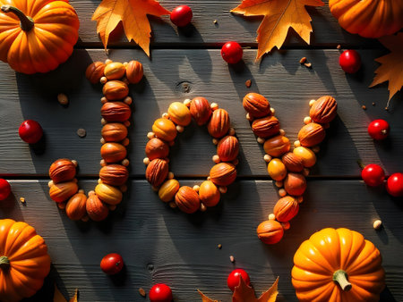 AI generated a number of pumpkins and leaves on a wooden surface. The image features pumpkin, wood background. Additional elements include icon set, product display.の素材