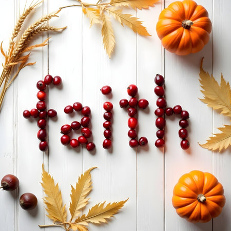 AI generated a white wooden background with autumn leaves, cranberries. The image features wood background, hearts background, leaves. Additional elements include pumpkin.の素材