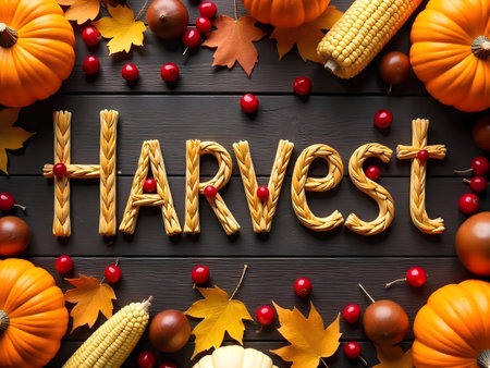 AI generated with a number of pumpkins and a word that says harvest. The image features pumpkin, dessert table, harvest.の素材