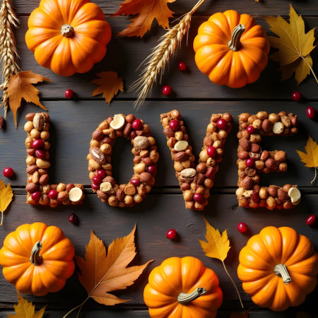 AI generated a table with a number of fall decorations. The image features pumpkin, dessert table, office desk. Additional elements include thanksgiving, food.の素材