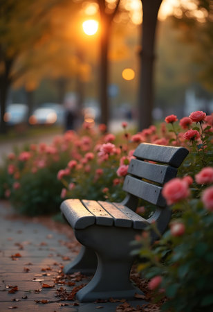 AI generated a bench in a park with flowers and a sunset. The image features flowers bloom, sunset sky, garden path. Additional elements include evening lights, plant growing.の素材
