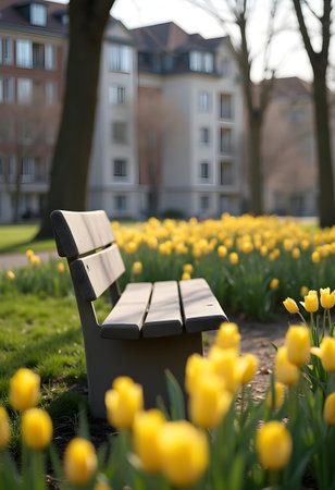 AI generated a bench in a field of yellow flowers. The image features flowers bloom, gold foil, agriculture field. Additional elements include garden path, green leaves.の素材