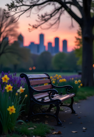 AI generated a bench in a park with flowers in the fore. The image features flowers bloom, garden path, plant growing. Additional elements include nature landscape, forest path.の素材