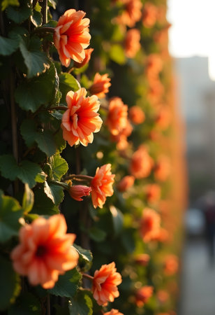 AI generated a close up of a flower on a fence. The image features flowers bloom, insect macro, plant growing.の素材