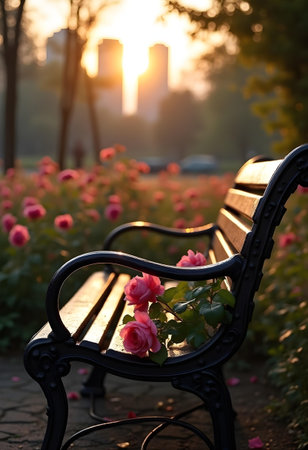 AI generated a bench with a bunch of flowers on it. The image features flowers bloom, plant growing, garden path.の素材