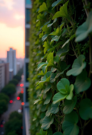 AI generated a green plant on a wall. The image features green leaves, plant growing, brick wall. Additional elements include green energy, flowers bloom.の素材