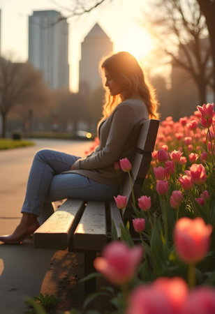 AI generated a woman sitting on a bench in a park. The image features meditation. Additional elements include nature landscape, garden path.の素材