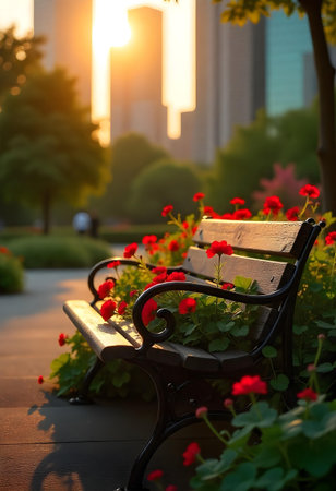 AI generated a bench with flowers in the fore of a city. The image features flowers bloom, plant growing, office desk. Additional elements include garden path, meditation.の素材