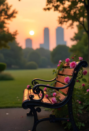 AI generated a bench with flowers on it in a park. The image features flowers bloom, garden path, plant growing. Additional elements include forest path, office desk.の素材