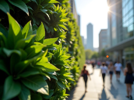 AI generated a group of people walking down a sidewalk. The image features people walking, garden path, parade. Additional elements include forest path, cycling road.の素材