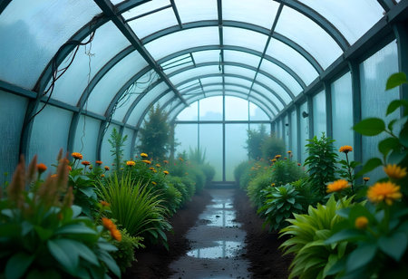 AI generated a tunnel of plants. The image features forest path, garden path, green leaves. Additional elements include plant growing, tiger in jungle.の素材