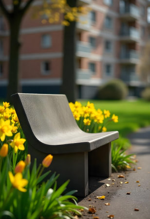 AI generated a bench sitting in the middle of a sidewalk. The image features truck on road, office desk, meditation. Additional elements include garden path, delivery box.の素材