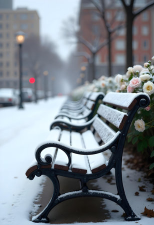 AI generated a bench with flowers on it in the snow. The image features flowers bloom, garden path, plant growing. Additional elements include office desk, wood background.の素材