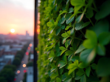 AI generated a green plant on a wall. The image features green leaves, plant growing, brick wall. Additional elements include green energy, flowers bloom.の素材