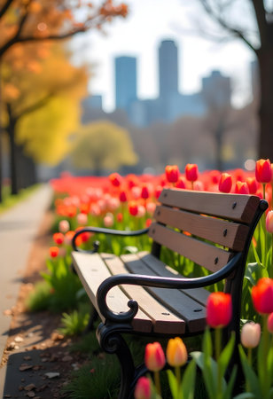 AI generated a park bench with tulips in the fore. The image features flowers bloom, garden path, plant growing. Additional elements include easter eggs, wood background.の素材