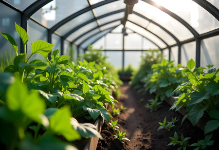 AI generated a greenhouse with plants growing inside of it. The image features plant growing, agriculture field, solar panels. Additional elements include organic vegetables, green leaves.の素材