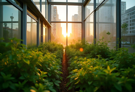 AI generated a window with a view of a city. The image features city skyline, fresh air, urban lifestyle. Additional elements include dreamy atmosphere, mountain range.の素材