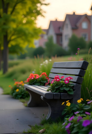 AI generated a bench with flowers in the middle of a sidewalk. The image features flowers bloom, garden path, plant growing. Additional elements include truck on road, forest path.の素材