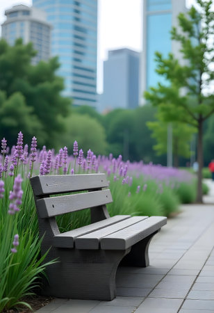 AI generated a bench in a park with purple flowers. The image features flowers bloom, garden path, wood background. Additional elements include green leaves, plant growing.の素材