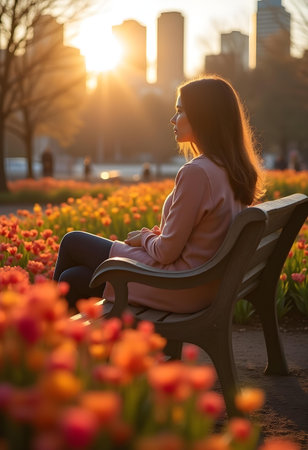 AI generated a woman sitting on a bench in a park. The image features meditation. Additional elements include nature landscape, garden path.の素材