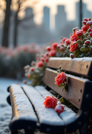 AI generated a bench with flowers on it. The image features flowers bloom, plant growing, garden path. Additional elements include office desk, meditation.の素材