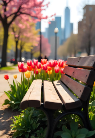 AI generated a park bench with tulips of flowers in the fore. The image features flowers bloom, garden path, plant growing. Additional elements include wood background, organic vegetables.の素材