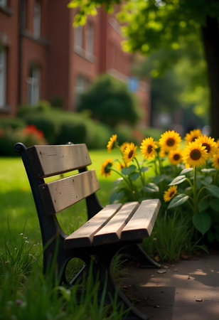 AI generated a bench in the grass. The image features agriculture field, plant growing, garden path. Additional elements include nature landscape, meditation.の素材