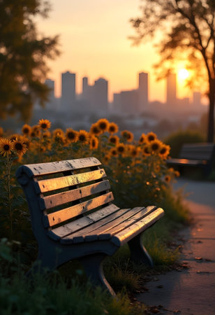 AI generated a bench in a field of sunflowers. The image features flowers bloom, agriculture field, wood background. Additional elements include gold foil, plant growing.の素材