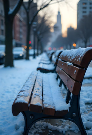 AI generated a bench covered in snow. The image features office desk, meditation, wood background. Additional elements include white space, glacier melting.の素材