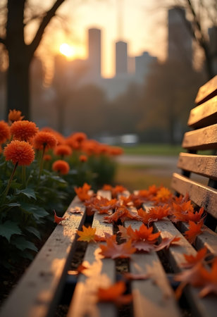 AI generated a bench with flowers on it.. The image features flowers bloom, plant growing, garden path. Additional elements include office desk, meditation.の素材