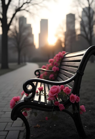 AI generated a bench with flowers on it, The image features flowers bloom, plant growing, garden path, Additional elements include office desk, meditation.の素材