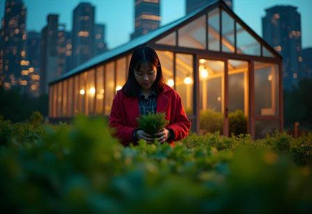 AI generated a woman in a red jacket is looking at a plant, The image features plant growing, flowers bloom, agriculture field, Additional elements include green leaves, vibrant colors.の素材