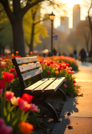 AI generated a bench in a park with flowers in the fore. The image features flowers bloom, garden path, plant growing. Additional elements include nature landscape, forest path.の素材