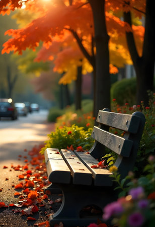AI generated a bench in the middle of a park with a bunch of flowers. The image features flowers bloom, garden path, plant growing. Additional elements include meditation, office desk.の素材