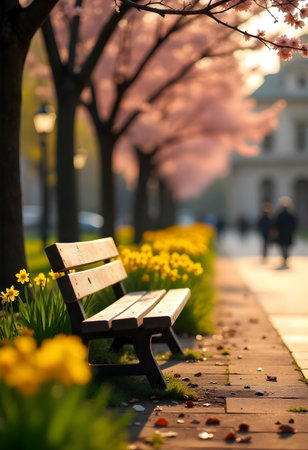 AI generated a bench in the middle of a sidewalk with flowers. The image features garden path, flowers bloom, plant growing. Additional elements include truck on road, forest path.の素材