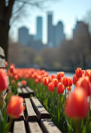 AI generated a bench with tulips in the fore. The image features flowers bloom, plant growing, office desk. Additional elements include garden path, easter eggs.の素材