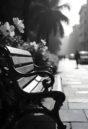 AI generated a bench with flowers on it in a city. The image features flowers bloom, plant growing, garden path. Additional elements include office desk, delivery box.の素材