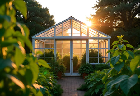 AI generated a greenhouse with a sun shining through the windows. The image features solar panels, sunlight, light and shadow. Additional elements include agriculture field, plant growing.の素材
