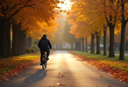 AI generated a person riding a bike down a road. The image features cycling road, truck on road, people walking. Additional elements include electric car, entrepreneur.の素材
