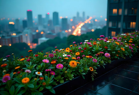 AI generated a row of flowers. The image features flowers bloom, plant growing, garden path. Additional elements include parade, flag waving.の素材