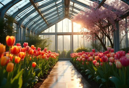 AI generated a garden with lots of flowers and trees. The image features flowers bloom, garden path, plant growing. Additional elements include nature landscape.の素材