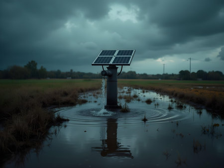 AI generated a solar powered water pump in a flooded field. The image features solar panels, agriculture field, smart irrigation. Additional elements include renewable energy, wind turbines.の素材