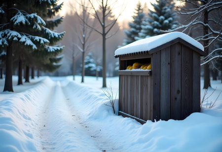 AI generated a bird house in the snow. The image features bird in sky.の素材