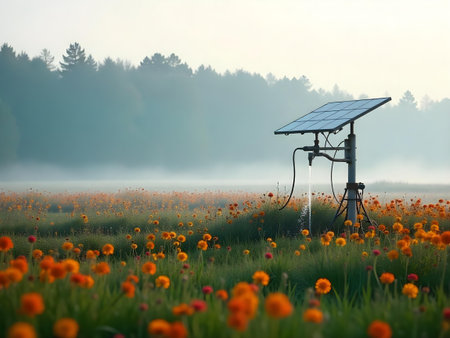 AI generated a field of flowers with a solar panel. The image features solar panels, flowers bloom, agriculture field. Additional elements include plant growing, renewable energy.の素材