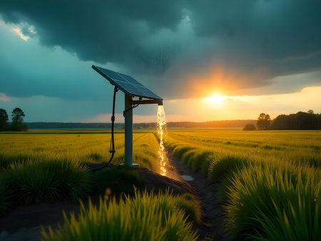 AI generated a field with a solar panel on it. The image features solar panels, agriculture field. renewable energy, Additional elements include drone farming, smart irrigation.の素材