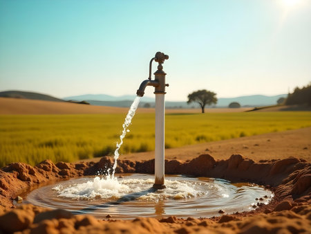AI generated a water sphing out of a water pipe. The image features water saving, engineering tools. Additional elements include plant growing, artificial intelligence.の素材
