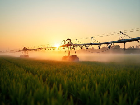 AI generated a farmer in a field with a tractor and a sprayer. The image features farmer, agriculture field, drone farming. Additional elements include smart irrigation, factory worker.の素材