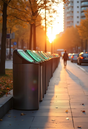 AI generated a row of trash bins on a sidewalk. The image features delivery box, truck on road, garden path. Additional elements include people walking, parade.の素材