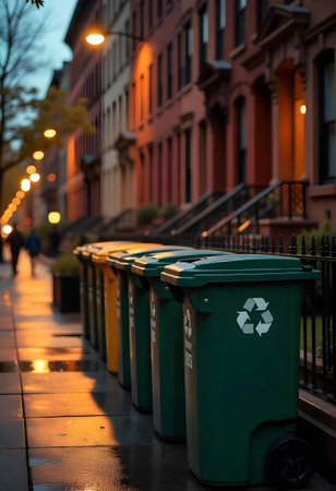 AI generated a row of trash bins on a sidewalk. The image features delivery box, truck on road, garden path. Additional elements include people walking, parade.の素材